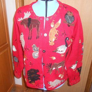 design option by philip and jane gordon red sweater with wild animals large